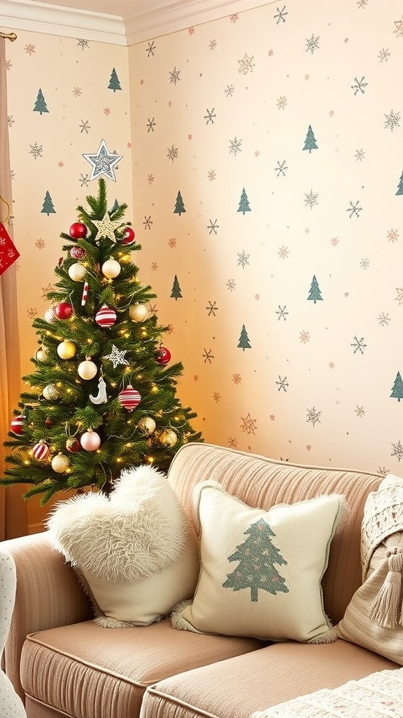 Simple Christmas Wallpaper Design A room with simple Christmas wallpaper featuring snowflakes and trees, decorated for the holidays.